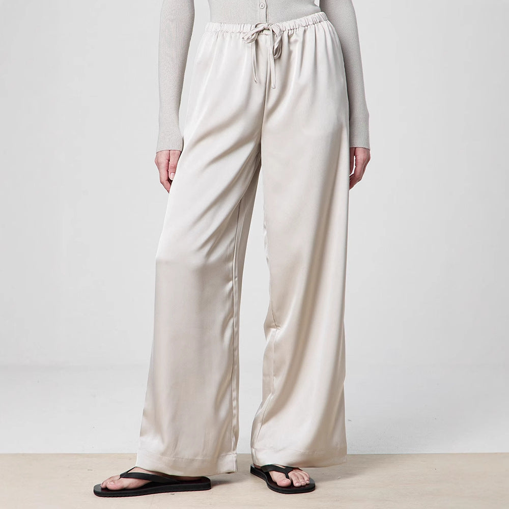 Damen Elegante Weite Satin-Hose mit hochgezogenem Bund und Bindegürtel EB