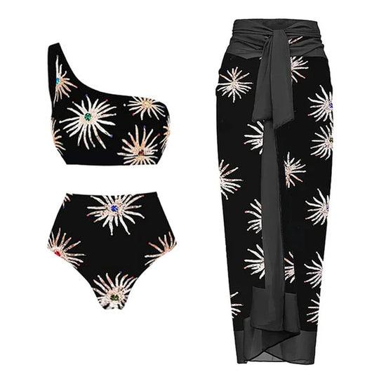 Damen Elegantes asymmetrisches Bikini-Set mit funkelndem Blumendesign EB