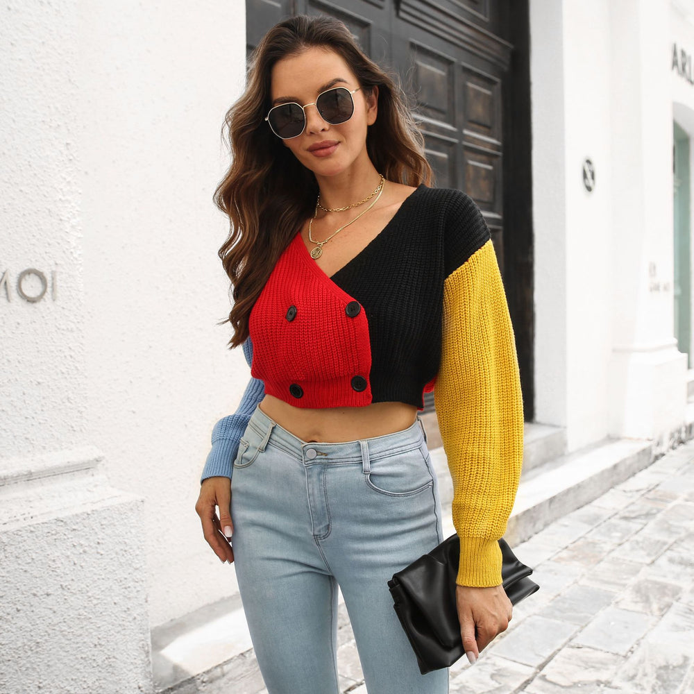 Damen cropped Strickjacke mit modischem Farbblock-Design EB