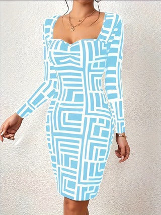 Damen Figurbetontes Langarmkleid mit geometrischem Muster EB