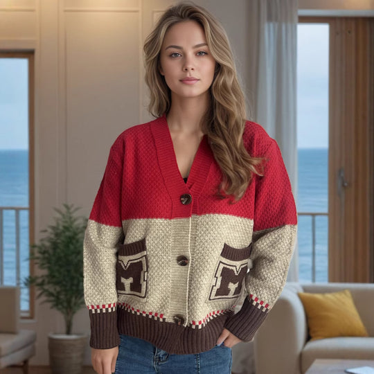 Damen Strickjacke mit dekorativen Taschen und modernem Farbblockdesign EB
