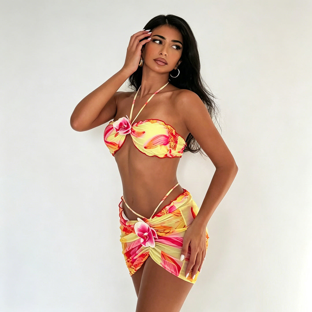Damen Bandeau-Bikini mit floralem Wickelrock EB