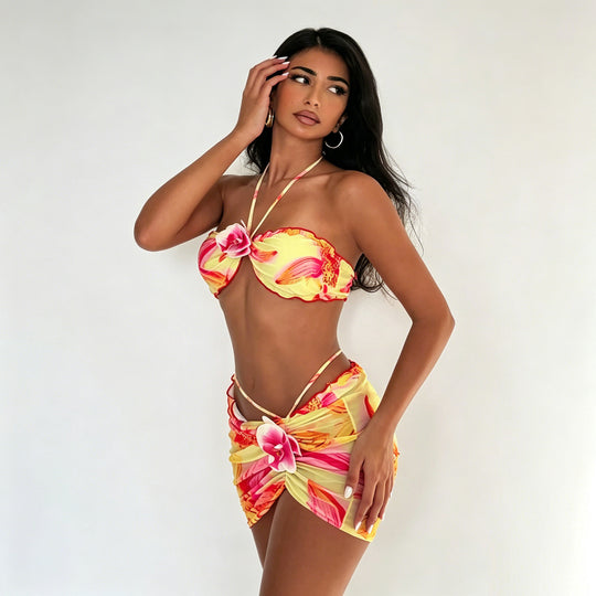 Damen Bandeau-Bikini mit floralem Wickelrock EB