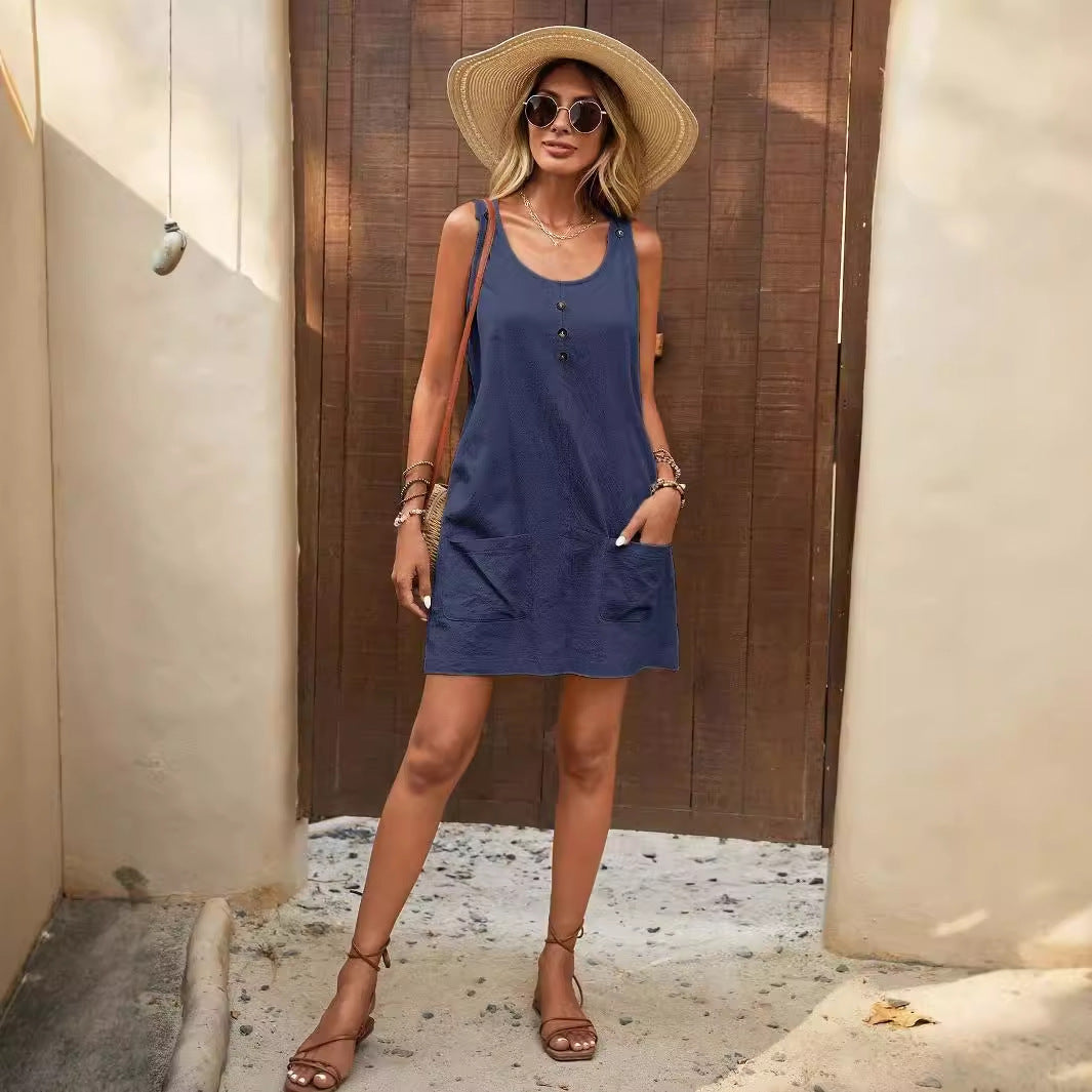 Damen Lässiges Sommerkleid mit Taschen und Knopfdetails EB