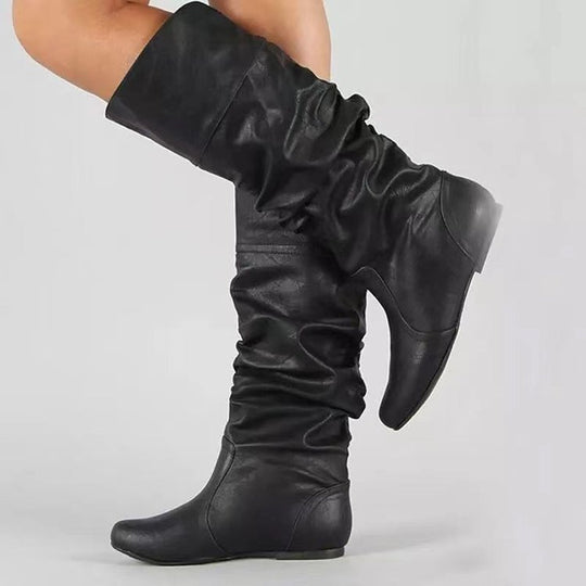 Damen Schlupfstiefel mit gerafftem Schaft und flacher Keilsohle EB