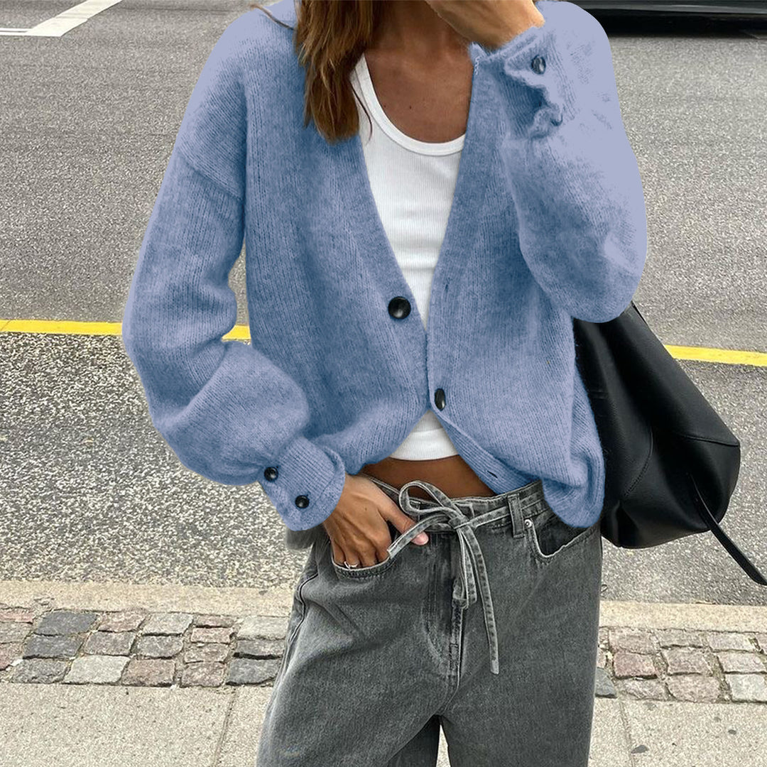 Damen nan lässige Strickjacke mit tiefem V-Ausschnitt, aufgesetzten Knopfleisten und Ballonärmeln EB