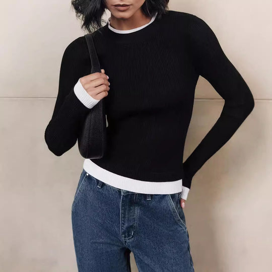 Damen figurbetontes Strickoberteil mit kontrastierenden Bündchen EB