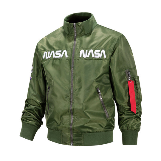 Men's  retro-space pilot bomber with embroidered NASA chest panels and sleeve utility pocket EB