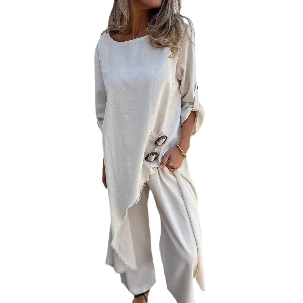 Damen lässiges Maxikleid mit lockerer Passform und Knopfdetails EB
