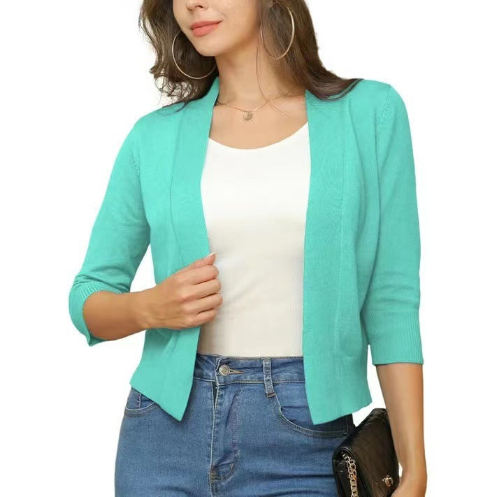 Damen nan offener Kurzcardigan mit dreiviertelärmeln und elastischem Saum EB