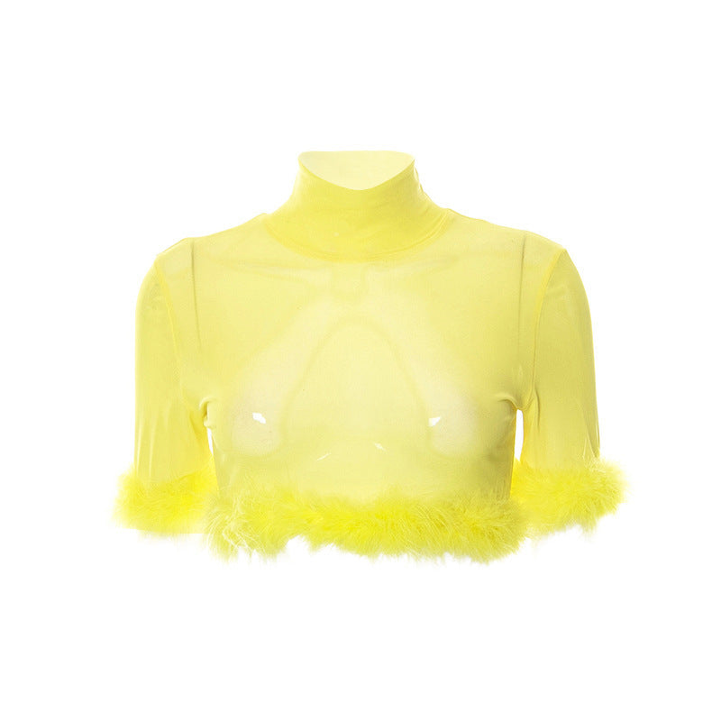 Damen trendiges cropped Oberteil mit glamourösem Federbesatz EB