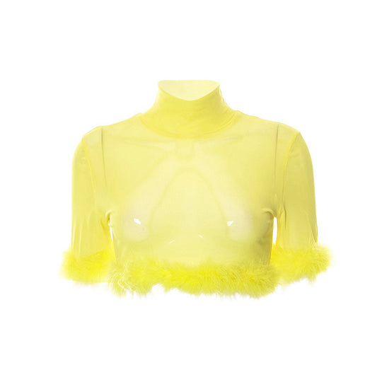 Damen trendiges cropped Oberteil mit glamourösem Federbesatz EB