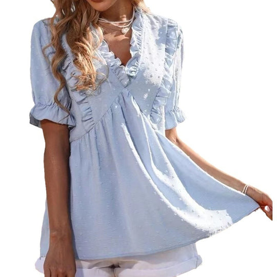 Damen luftige Bluse mit Rüschendetails und V-Ausschnitt EB