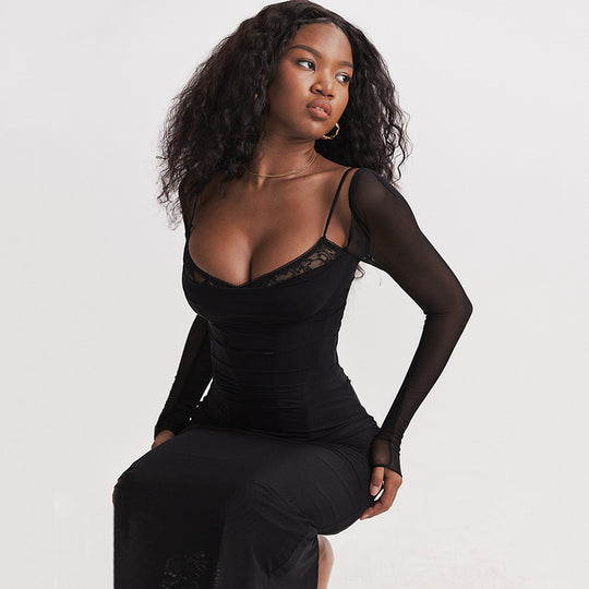 Damen Elegantes Maxikleid mit transparenten Ärmeln und betontem Rüschensaum EB