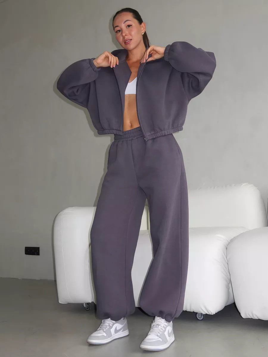 Damen Oversize Sweatset mit Reißverschluss Bomberjacke und Highwaist Jogginghose EB