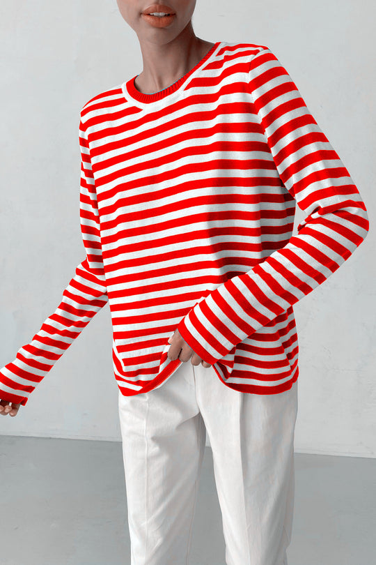 Damen nan gestreifter Baumwollpullover mit Rundhals und legerer Passform EB