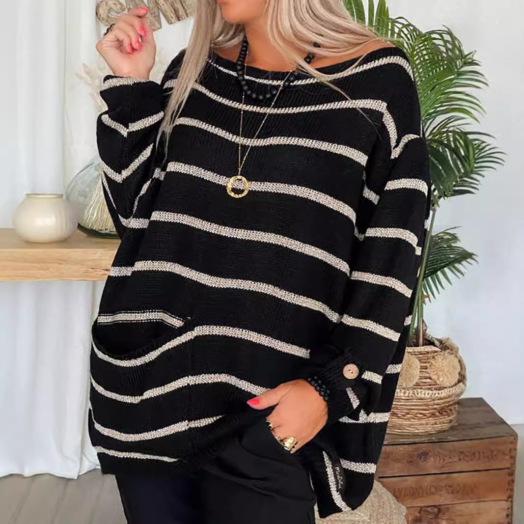 Damen lässiger Strickpullover mit elegantem Streifenmuster und praktischer Brusttasche EB