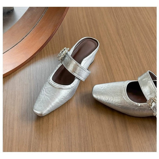 Damen elegante Mules mit funkelndem Riemen und komfortablem Blockabsatz EB