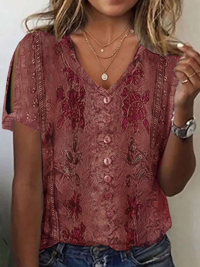 Damen V-Ausschnitt Bluse mit floralen Details und Knopfverschluss EB