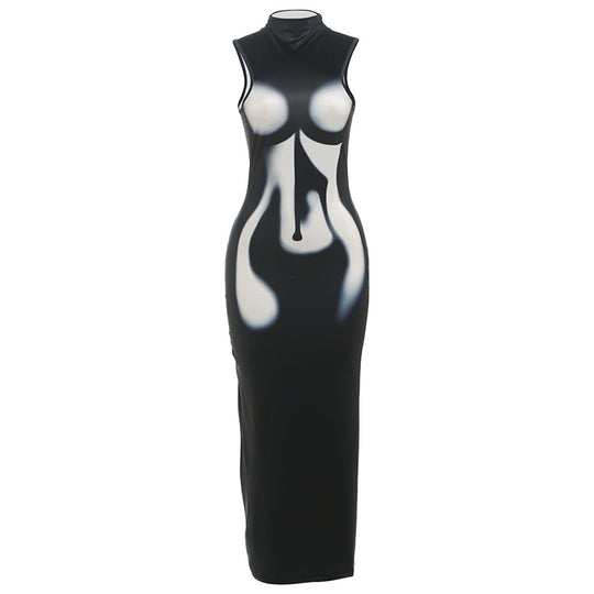 Damen Transparente Maxi-Robe mit hochgeschlossenem Kragen und figurbetontem Schnitt EB