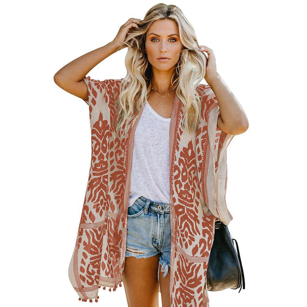 Damen Luftige Kimono-Cardigan mit aufwändigem Muster und fransenbesetzten Saum EB