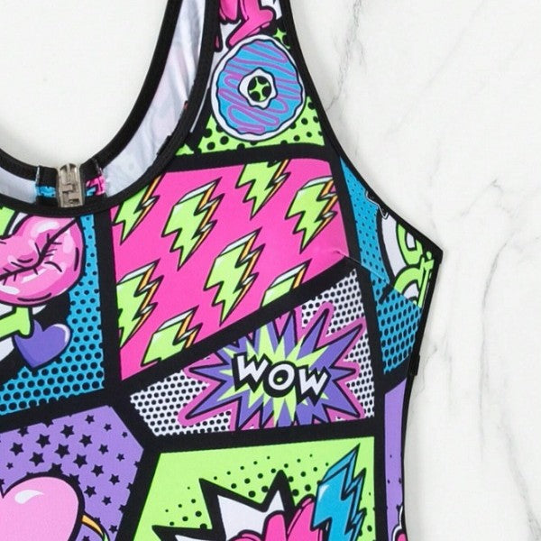 Damen Sportlicher Einteiler mit buntem Comic-Muster EB