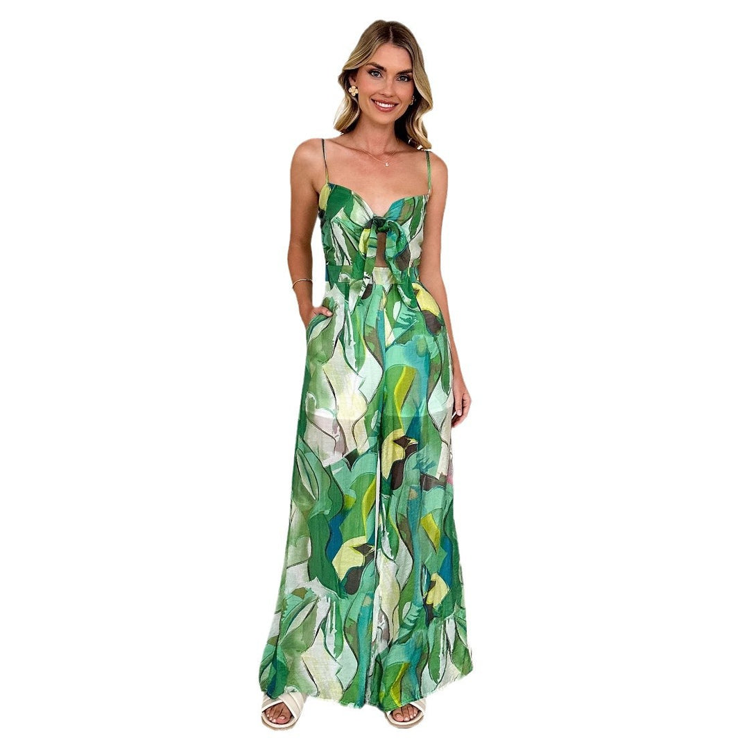 Damen Eleganter Jumpsuit mit floralem Design und verstellbaren Spaghettiträgern EB