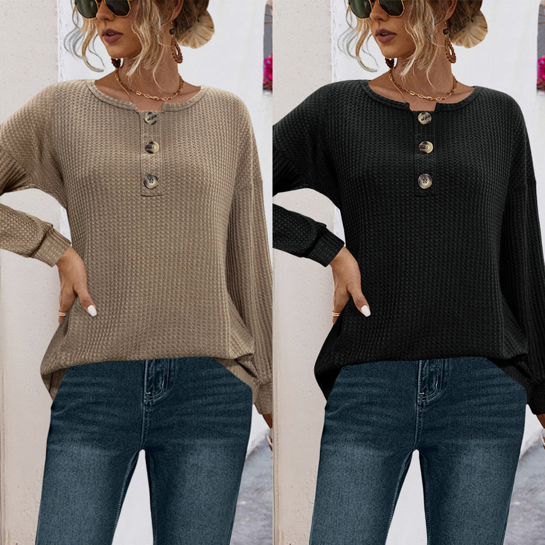 Damen lässiger Strickpullover mit dekorativen Knöpfen und weitem Schnitt EB
