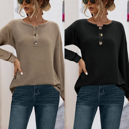 Damen lässiger Strickpullover mit dekorativen Knöpfen und weitem Schnitt EB