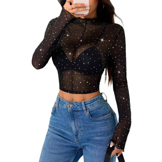 Damen Sexy Crop-Top aus transparentem Netz mit funkelnden Akzenten EB