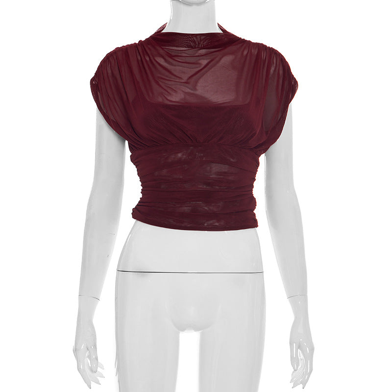 Damen elegantes Oberteil mit modischen Raffungen und transparentem Stoff EB