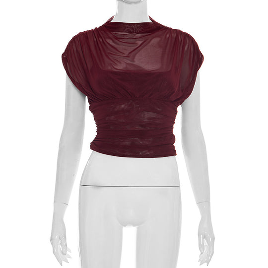 Damen elegantes Oberteil mit modischen Raffungen und transparentem Stoff EB
