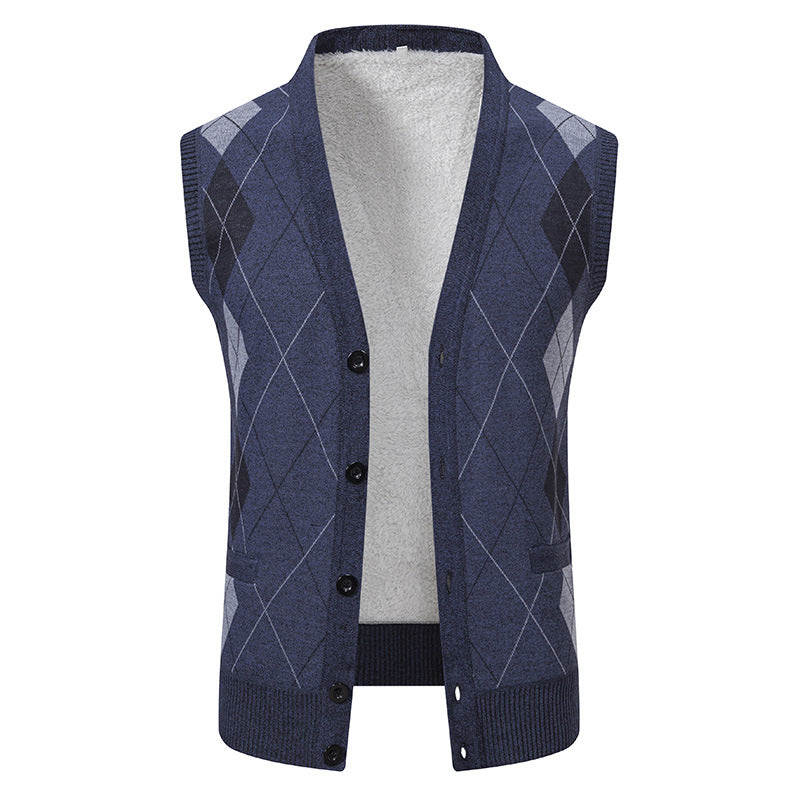 Herren nan ärmellose Strickweste mit Argyle-Muster, Teddyfutter und durchgehender Knopfleiste EB