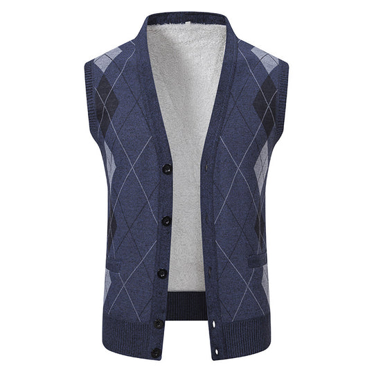 Herren nan ärmellose Strickweste mit Argyle-Muster, Teddyfutter und durchgehender Knopfleiste EB