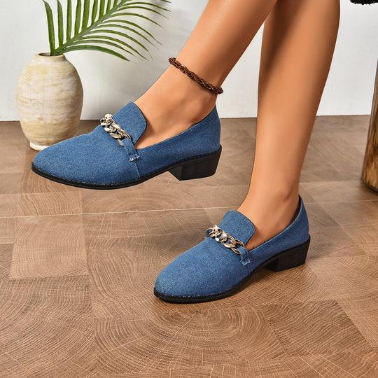 Damen Veloursleder-Loafer mit goldener Kettenapplikation und kleinem Blockabsatz EB