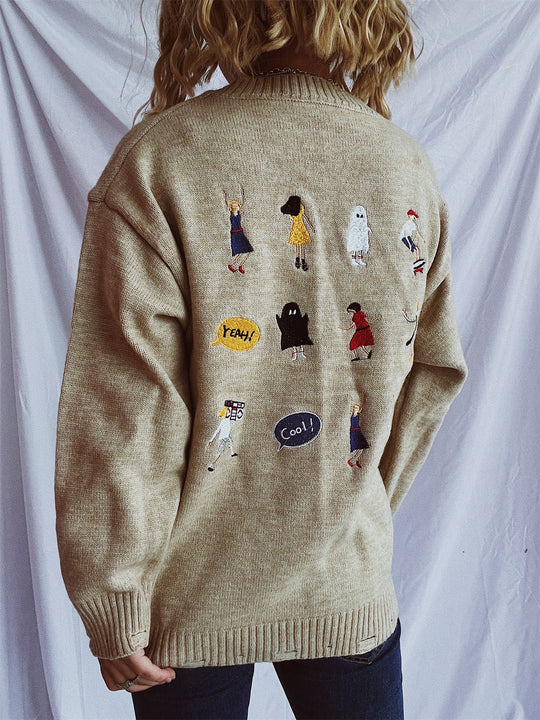 Damen pullover mit bunten Stickmotiven und lässigem Schnitt EB