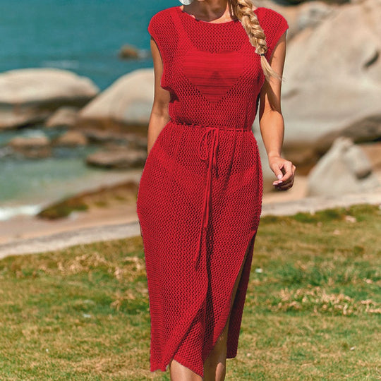 Damen Häkel-Strandkleid mit elegantem Schlitzdesign EB
