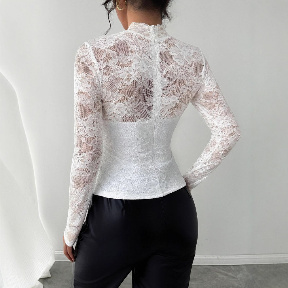 Damen Elegantes Spitzenoberteil mit hochgeschlossenem Kragen und langen Ärmeln EB