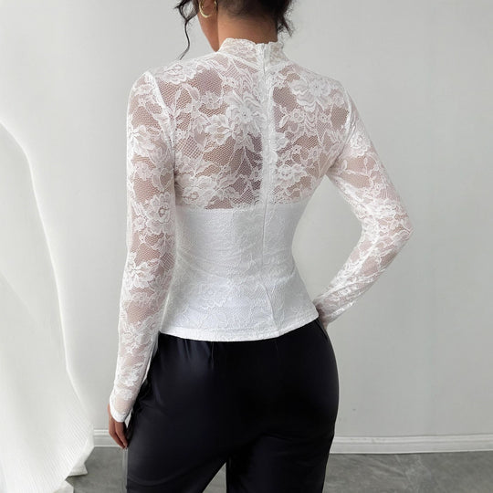 Damen Elegantes Spitzenoberteil mit hochgeschlossenem Kragen und langen Ärmeln EB