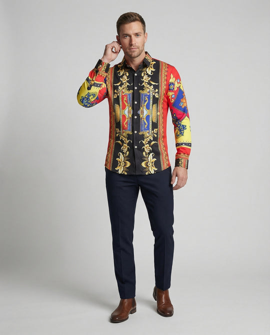 Herren Langarmhemd mit extravagantem Barockmuster und moderner Passform EB