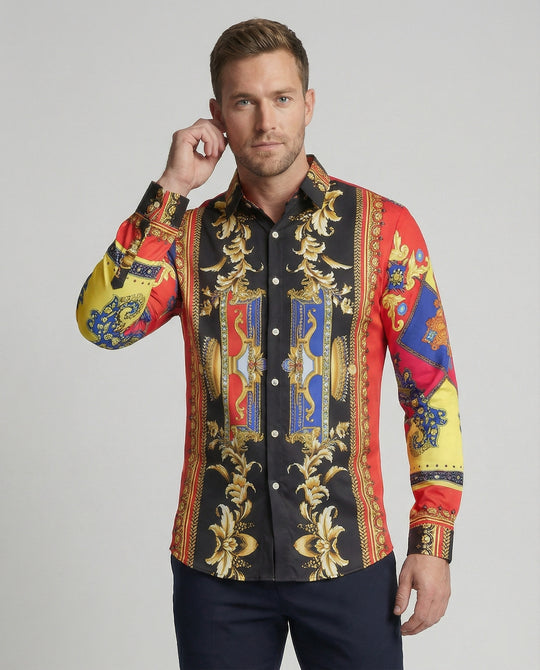 Herren Langarmhemd mit extravagantem Barockmuster und moderner Passform EB