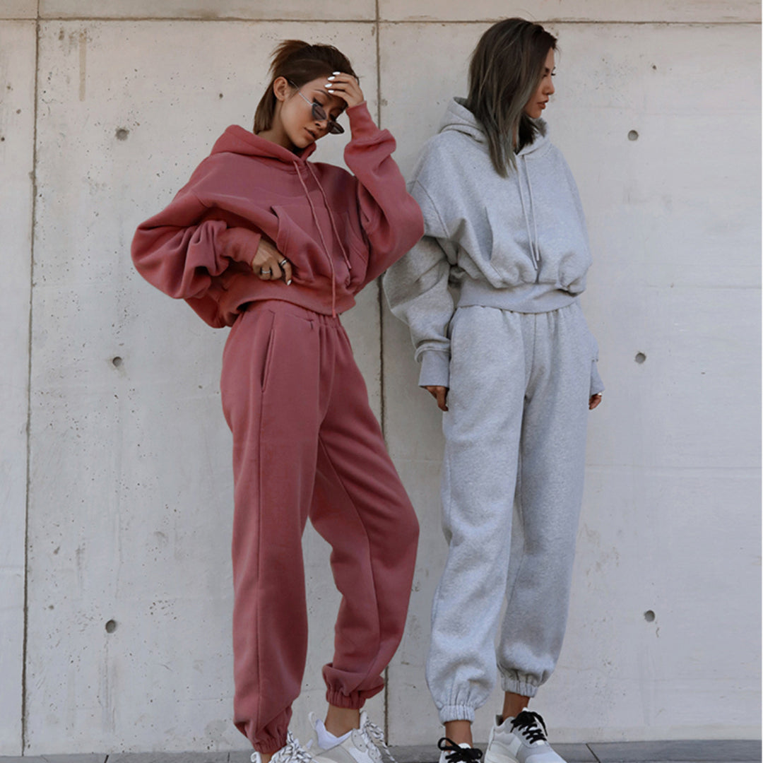 Damen nan kuscheliges kurzes Kapuzenpullover- und hochgeschnittene Jogginghose Set EB