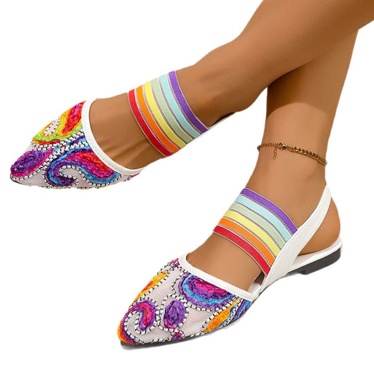 Damen Offene Wedgesandalen mit bunten Stickereien EB