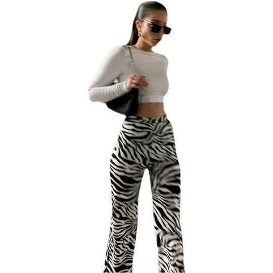 Damen Elegante Zebra-Print High-Waist Hose EB