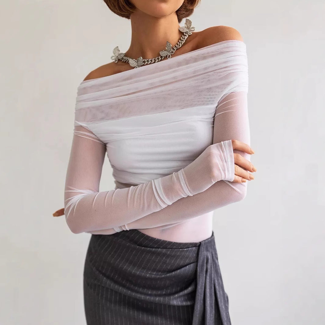 Damen Off-Shoulder Langarmshirt aus leicht transparentem Stoff mit raffiniertem Drapierungseffekt EB