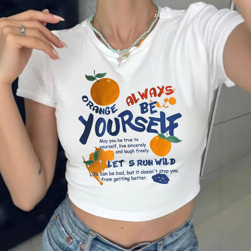 Damen Crop-T-Shirt mit inspirierendem Schriftzug und fröhlichem Obstmotiv EB
