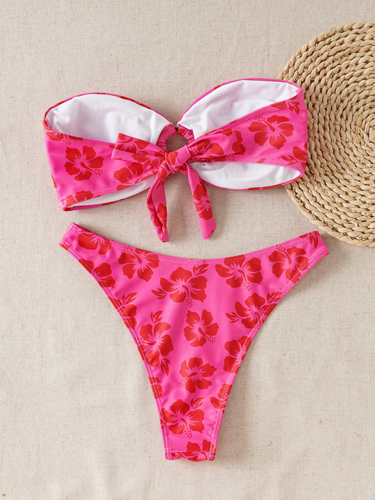 Damen Bandeau-Bikini-Set mit verziertem Knoten und floralem Muster EB