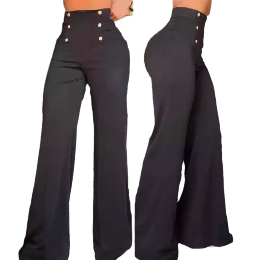 Damen Hochtaillierte Palazzo-Hose mit goldenen Knöpfen EB