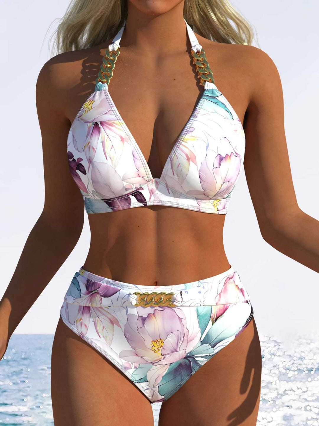 Damen Bikini-Set mit hohem Taillenschnitt und elegantem Blumendruck EB