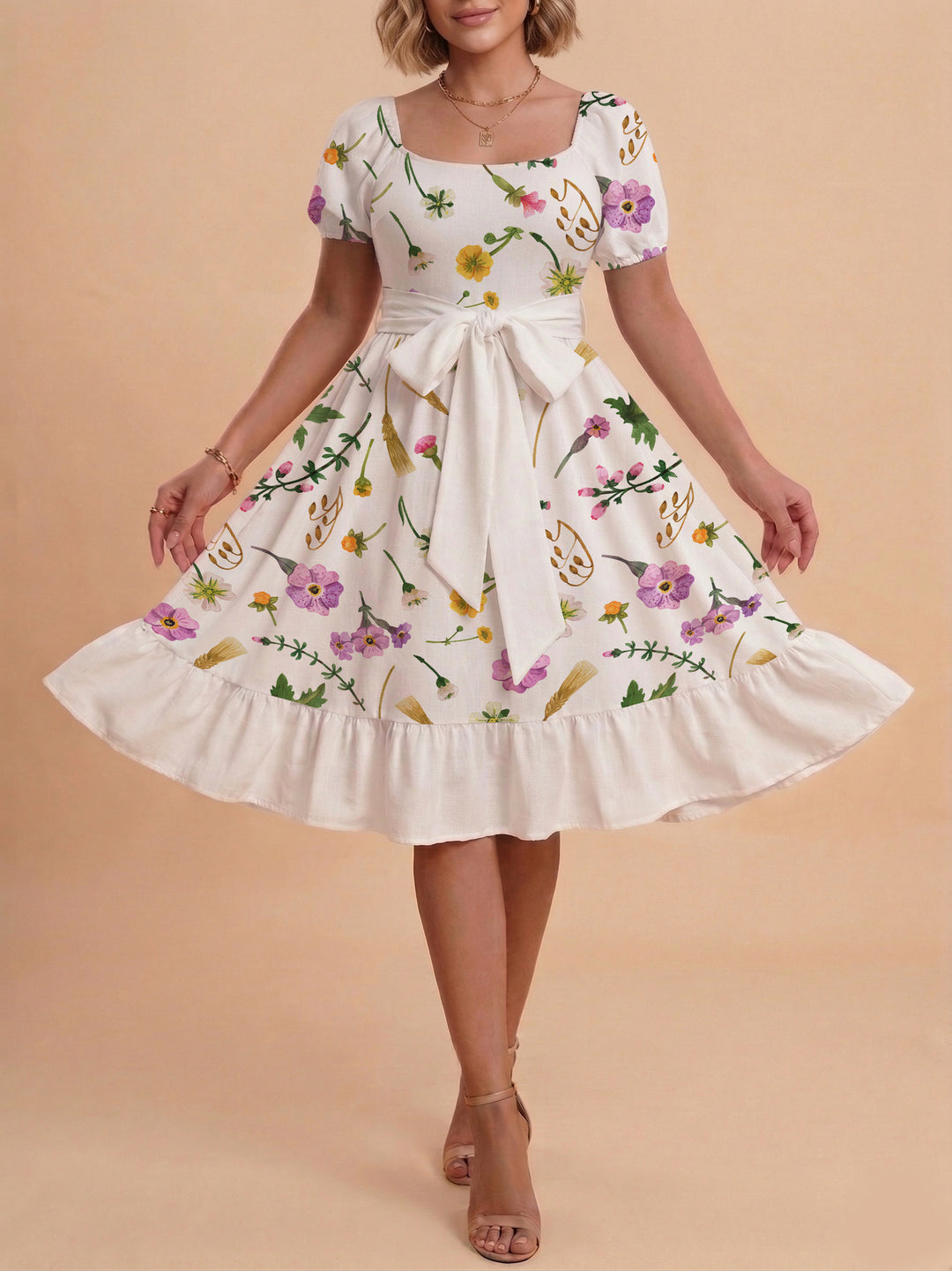 Damen modernes Blumenkleid mit elegantem Taillengürtel und asymmetrischem Saum EB